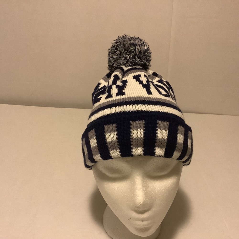 New York Knit Hat Blue White Pom Pom Beanie Cap